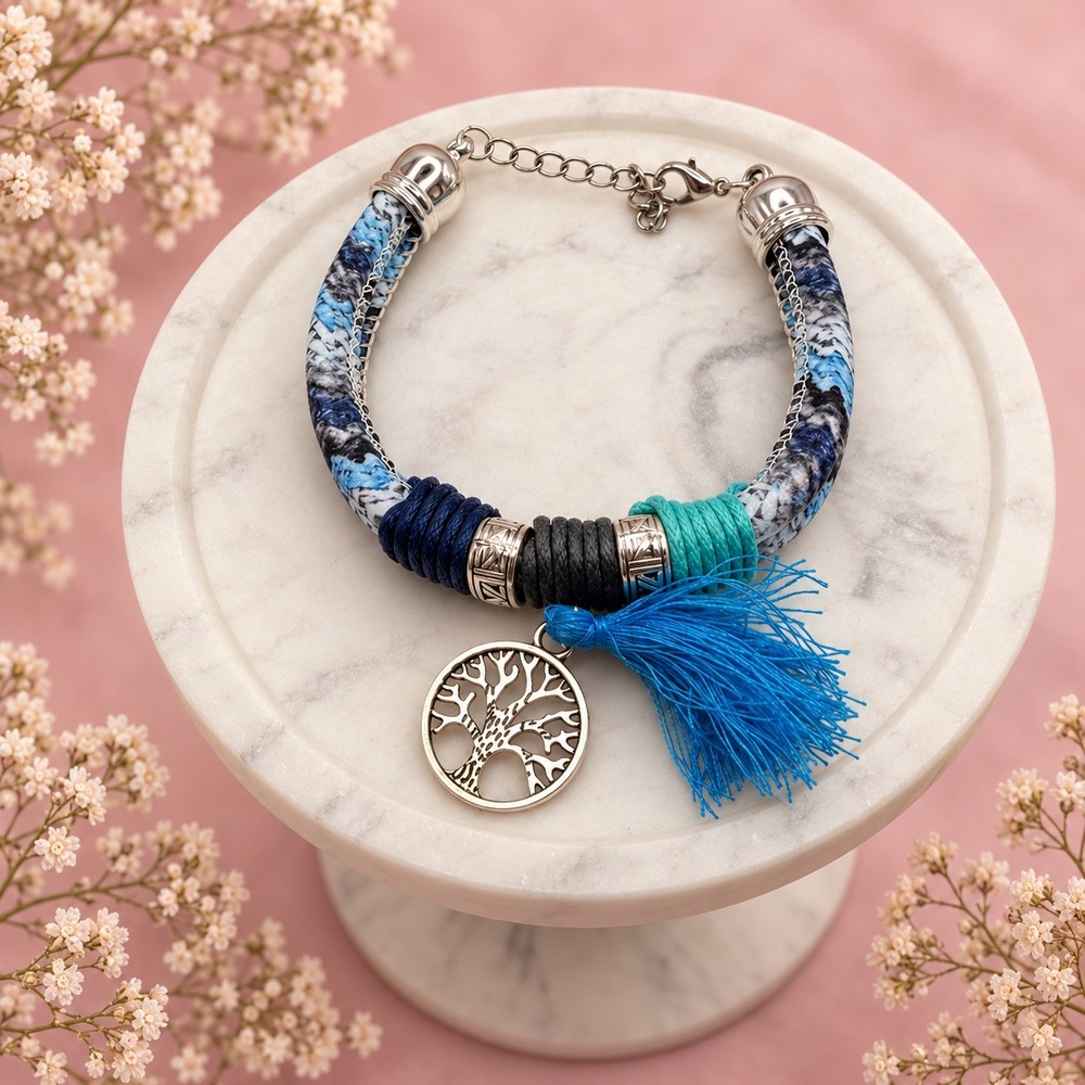 Blue Woven Rope Tree of Life Tassel Bracelet Silver Tone Boho Adjustable Clasp